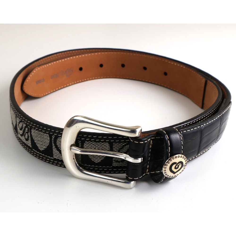 Brighton Black Leather Belt Black Hearts Logo Embossed Crocodile Size 34 Large